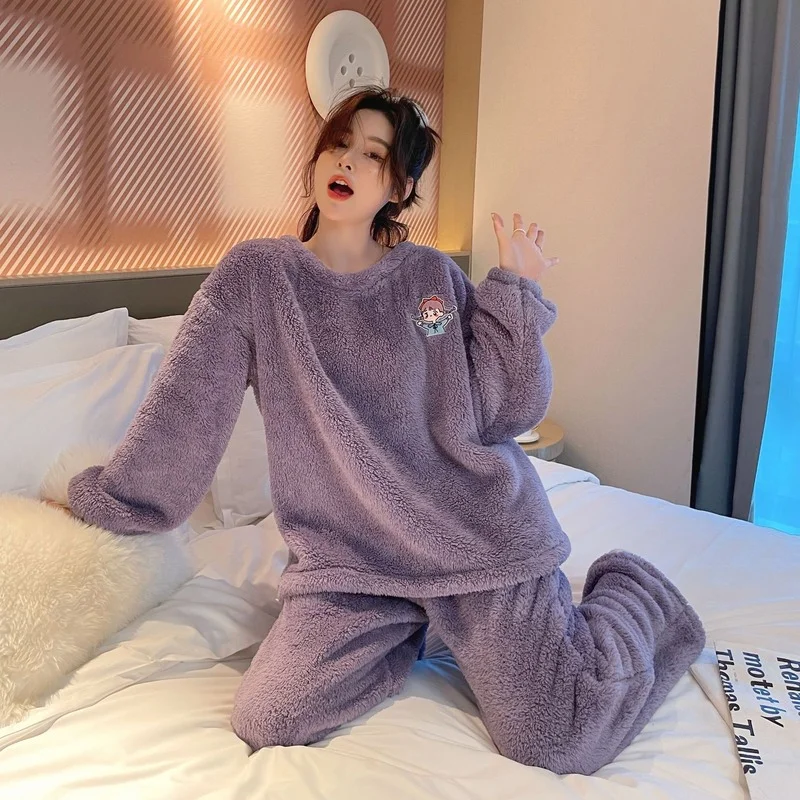 

Pajamas Women Winter Coral Velvet Thickened Warm Pajamas Flannel Sweet Round Neck Home Clothes Sleepwear Bedroom Set