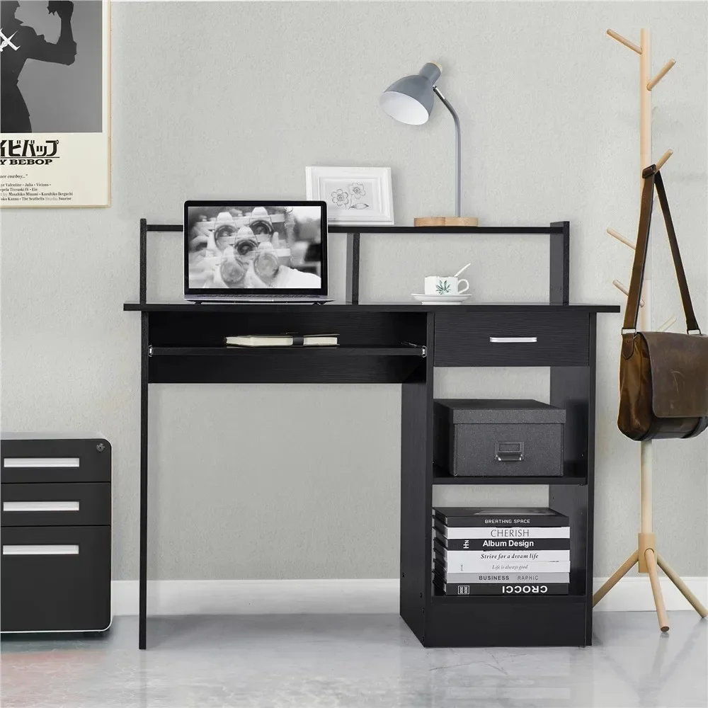 

Computer Desk Table Wooden Home Office with Drawers and Keyboard Tray, Black