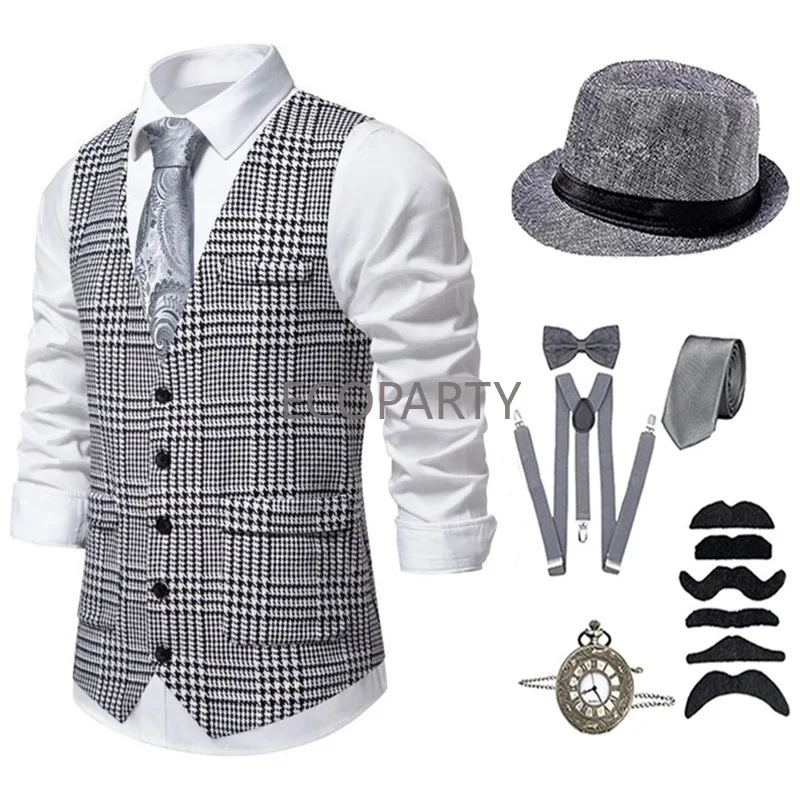 OSEMIOKA Chaleco de gángster de Gatsby de los años 20 para hombre, disfraz de gángster de gran Gatsby para hombres, conjunto de accesorios de los años 20, sombrero de Fedora OSEMIOKA Chaleco de gángster de Gatsby de los años 20 para hombre, disfraz de gángster de gran Gatsby para hombres, conjunto de accesorios de los años 20, sombrero de Fedora