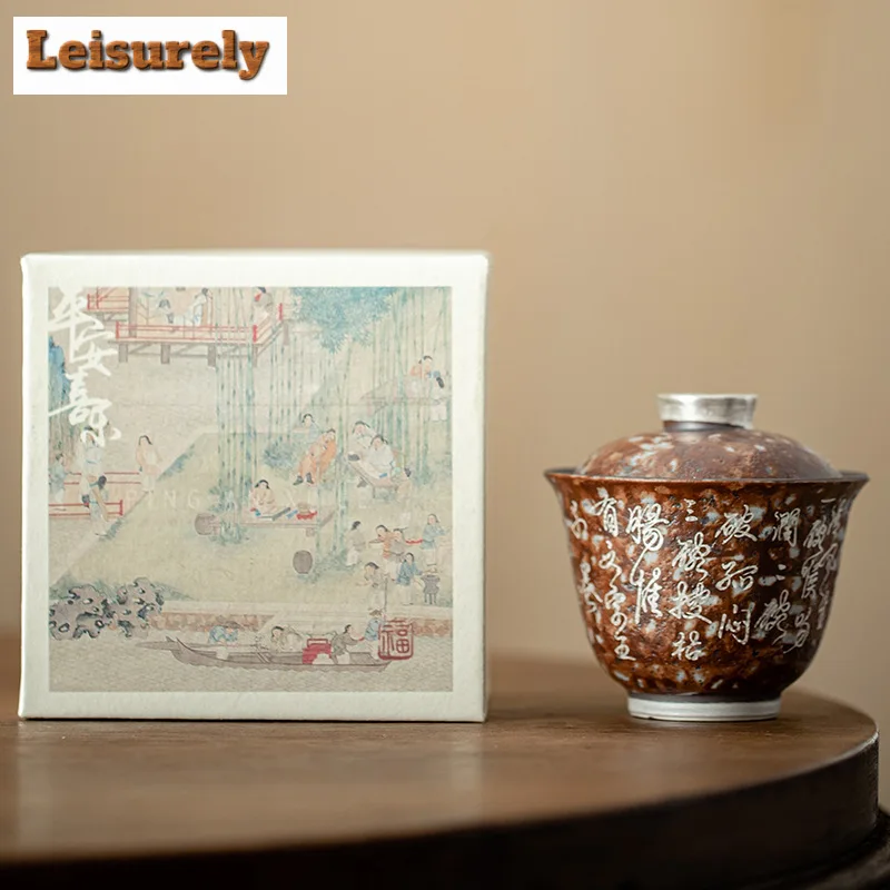 100ML Handmade Old Rock Mud Gaiwan Luxury Gilded Silver Buddha Tea Tureen Tea Brewing Cover Bowl Tea Items Accessories Craft