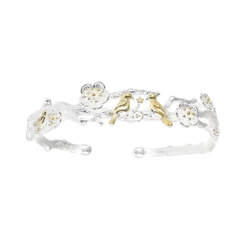 Hot Sale 925 Sterling Silver Cherry Blossom Flowers Golden Birds Open Charm Bracelet & Bangles For Women Girl Pulseras XB099 4