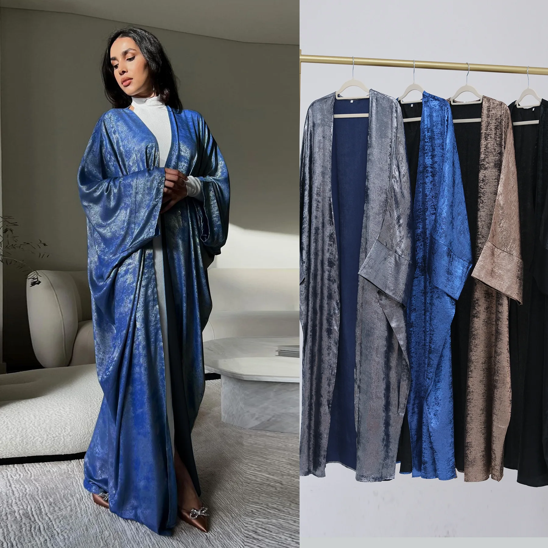 

Ramadan Eid Shiny Batwing Satin Open Kimono Abaya Dubai Luxury 2024 Muslim Modest Abayas For Women Kaftan Dress Islamic Clothing