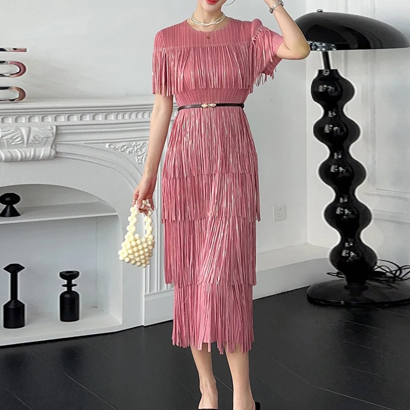 LANMREM Pleated Tassel Patchwork Deisn Summer Dress For Women 2025 New Round Collar Short Sleeve Slim Fit Dresses Chic 2DB2847 - Image 4