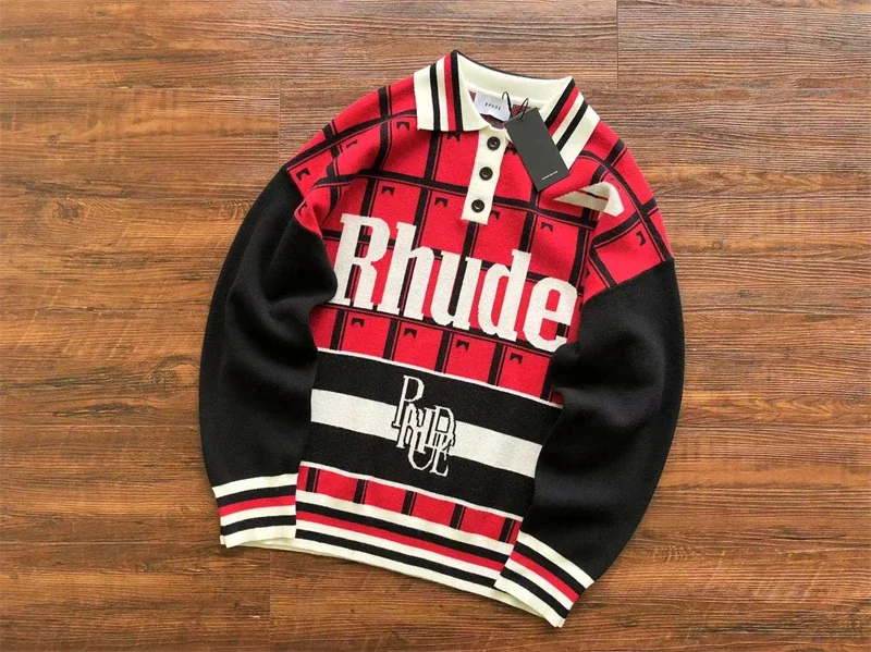 

New Rhude Jacquard Plaid Sweater Men Women Loose Knitted Sweatshirts Inside Tags hoodies Pure cotton warm sweater