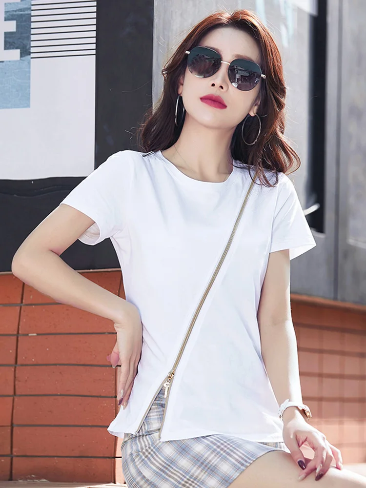 New Women Cotton T-shirt Summer Fashion Zipper Design O-Neck