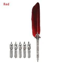 Vintage Feather Pen Set with Ornate Quill and Nib Collection - Elegant Writing Gift Set (Red)