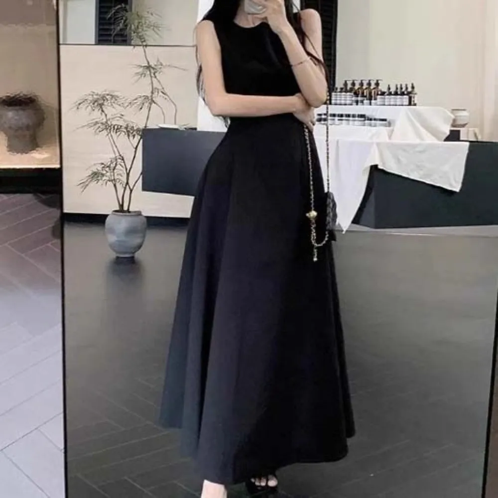 U Neck Sleeveless Long Dress Sleeveless Vest Temperament Solid Color Long Skirt Long A-line Women Korean Dress Spring Autumn