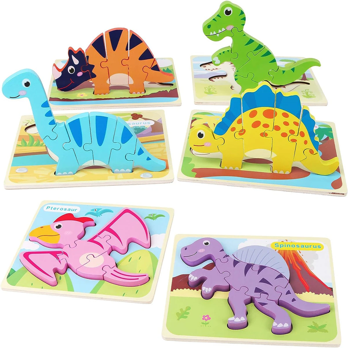 

1Set 6PCS Dinosaur Puzzles Toy for Kids 3+, 3D Animal Learning Educational Wooden Puzzles, Montessori Jigsaw Wooden Puzzles Set