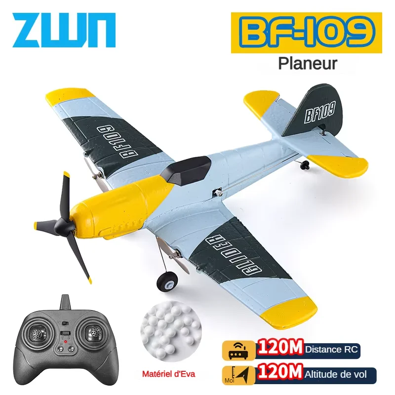 Vue de face de l'avion RC BF109 1B OB au sol, modèle de vol stabilisé 2 canaux pour débutants