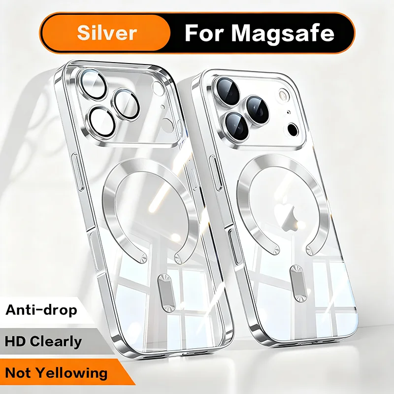 Elegant Orange Magnetic Clear Case with Wireless Charging Capabilities - Stylish and Durable Soft Plating Cover