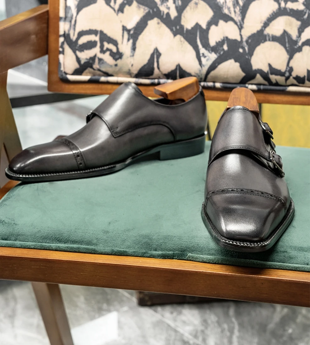 Luxury Men's Double Buckle Monk Strap Formal Shoes Genuine Leather Classic Cap Toe Business Office Wedding Dress Shoes for Men