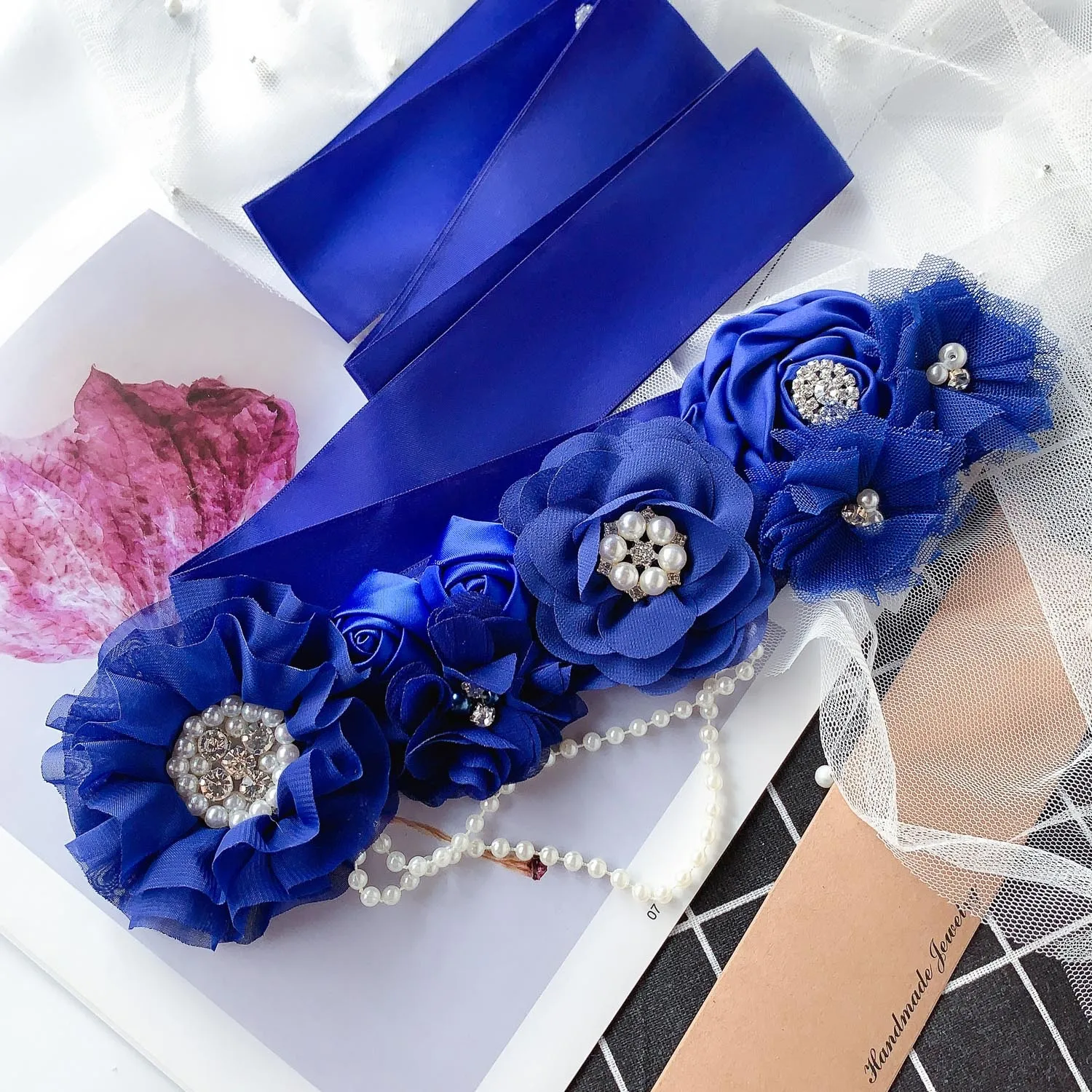 Handmade Flower Royal Blue Wedding Belt with Pearls Bridal Belt for Wedding Bridal Dress