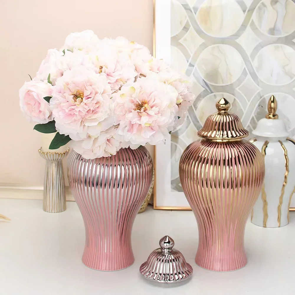 Ceramic Gold-plated Striped Storage Jar with Lid Golden Universal Jar Ceramic Vase Tabletop Decoration Container Storage ceramic storage jar