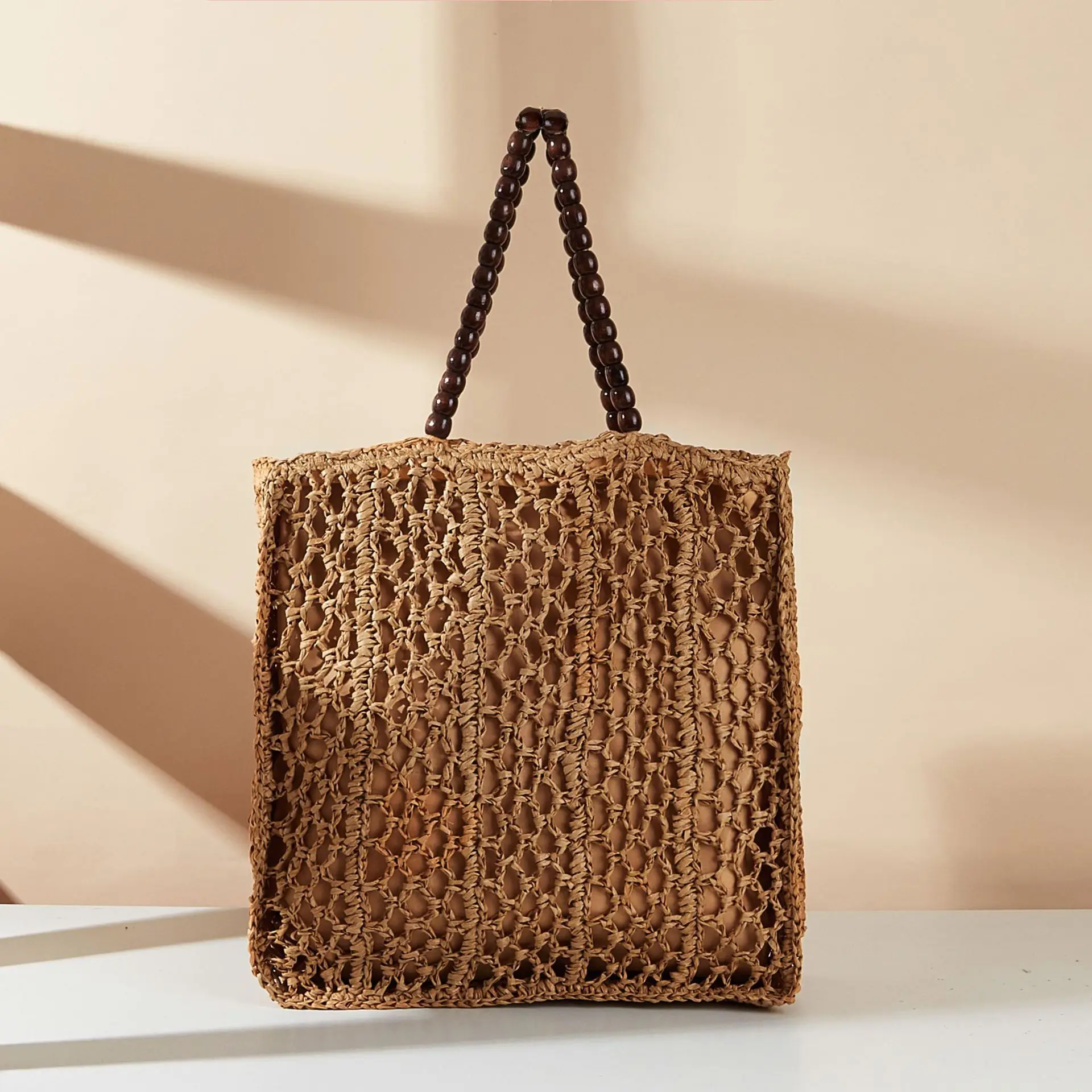 Wooden Beaded Tote Bag Hollow Crochet Shoulder Bag Handmade Knitting Travel Beach Bags Handbags Paper Rope Woven Straw Bags 2024