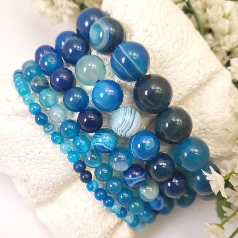 

Blue Stripe Agate Beaded Bracelet Handmade High Quality Round Stretch Bracelet 4mm 6mm 8mm 10mm 12mm Summer Jewelry