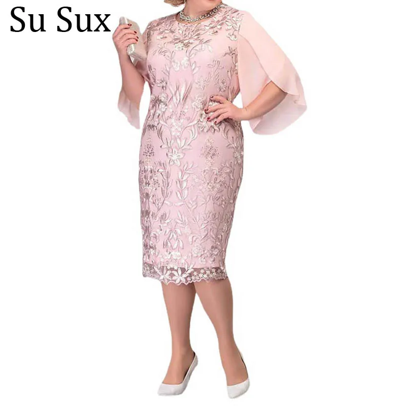 

Lace Embroidery African Dresses For Women Plus Size African Clothes 4XL 5XL Pink O Neck Ruffle Sleeve Pencil Dress Party 2023
