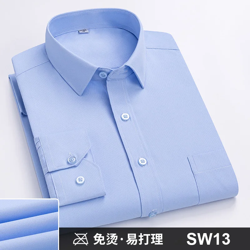 Men Formal Shirt Long Sleeve Office Solid Color Striped Anti-Wrinkle Non-ironing Fashion Business Pocket White Social Shirt 4XL