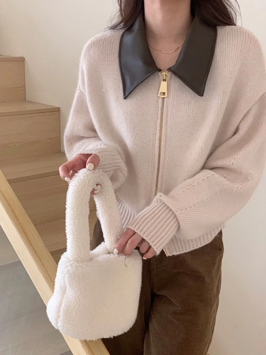 

Polo Short Knitted Cardigan Women Fall Winter Patchwork Korean Loose Long Sleeved Sweaters Outerwear 3 Colors