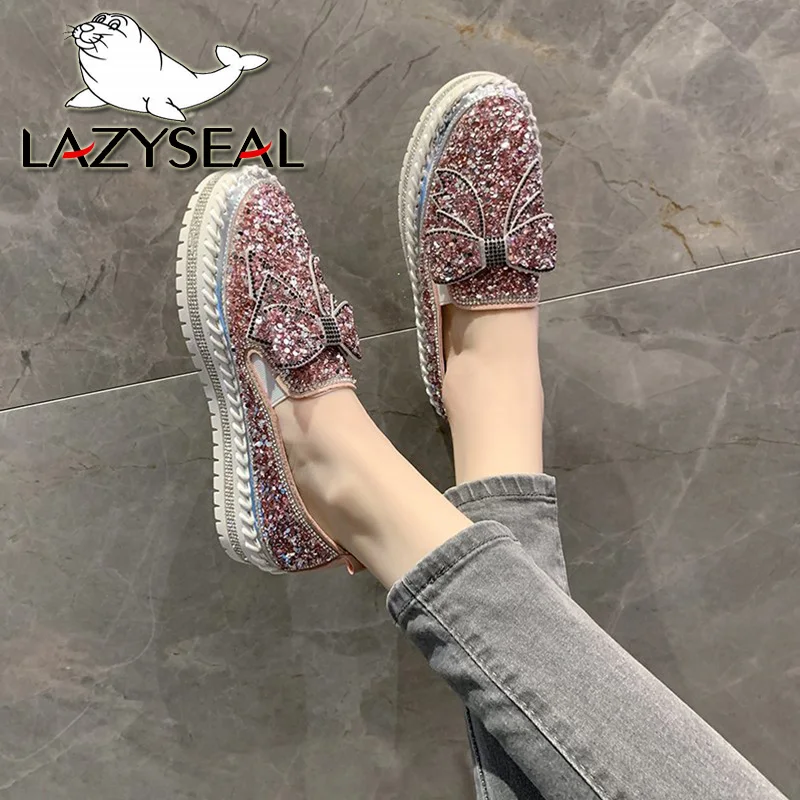 LazySeal Bling Sequine Upper Women Flat Heel Shoe Luxury Butterfly Street Style Casual Footwear Flats Plus Size 44