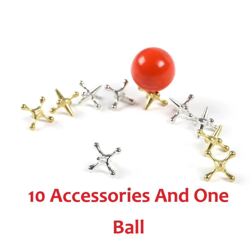 Festive Gold & Silver Metal Jacks Set with Red Rubber Ball - Classic Holiday Game Kit