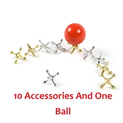 Festive Gold & Silver Metal Jacks Set with Red Rubber Ball - Classic Holiday Game Kit (1Set)