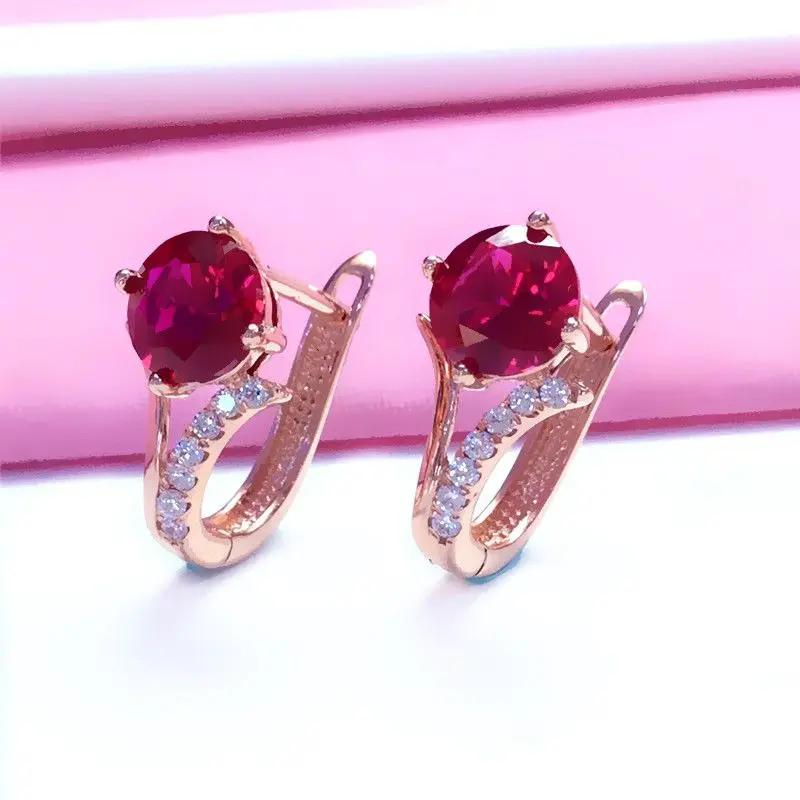 585 purple gold inlaid ruby earrings for women fashion high quality plated 14K rose gold lady ear buckle wedding jewelry