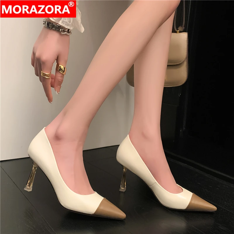 

MORAZORA 2023 New Genuine Leather Shoes Woman Pointed Toe Mixed Color High Heels Party Wedding Shoes Ladies Shoes Women Pumps