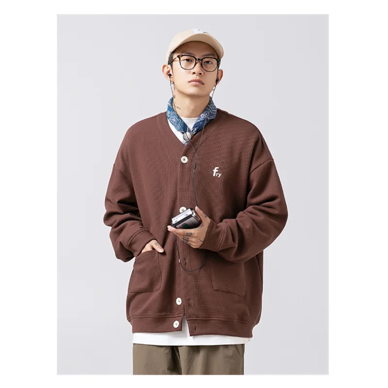 Japanese Waffle Cardigan Sweater Men's 2023 Autumn/Winter New Loose Couple Unisex Women's Embroidered Jacket Coat B0010