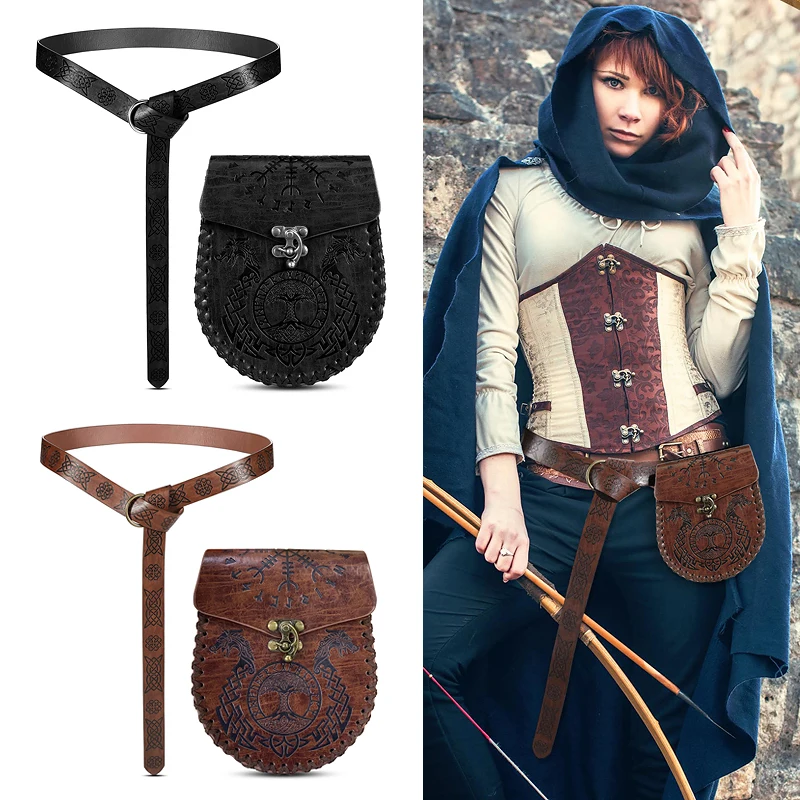 1pc/2pcs medieval Viking vintage belt unisex embossed leather Fanny Pack Renaissance Knight Accessories Halloween costume