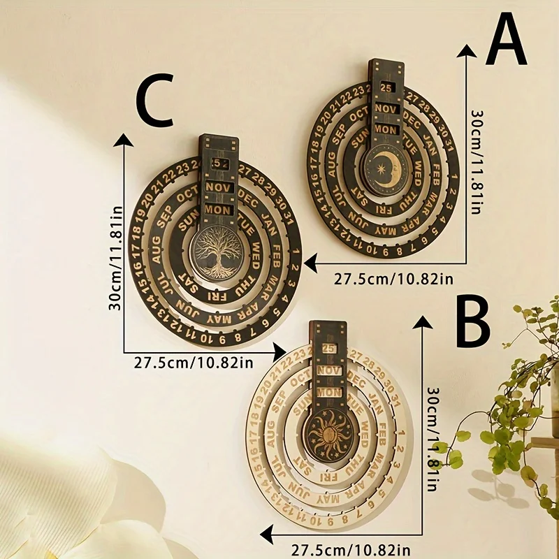 Perpetual Calendar Circular Home Decor Office Decor Wall Wooden Manual Rotatable Disks Calendar Family Wooden Craft Wall Art
