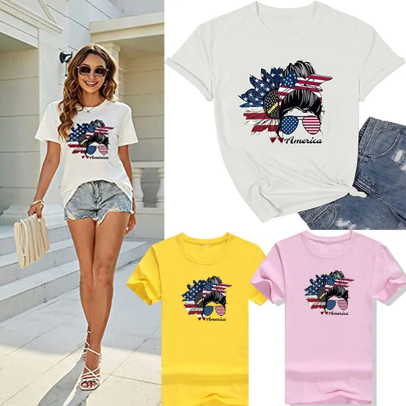 

Womens American Independence Day T-Shirt Summer Cute US Flag Sunflower Girl Glasses Graphic Tee Shirts Casual Tops