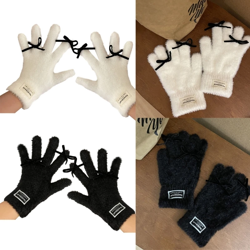 

Y2K Bow Mittens Furry Winter Full Finger Warm Touching Screen Keep Warm Outdoor Thermal Gloves Furry Gloves