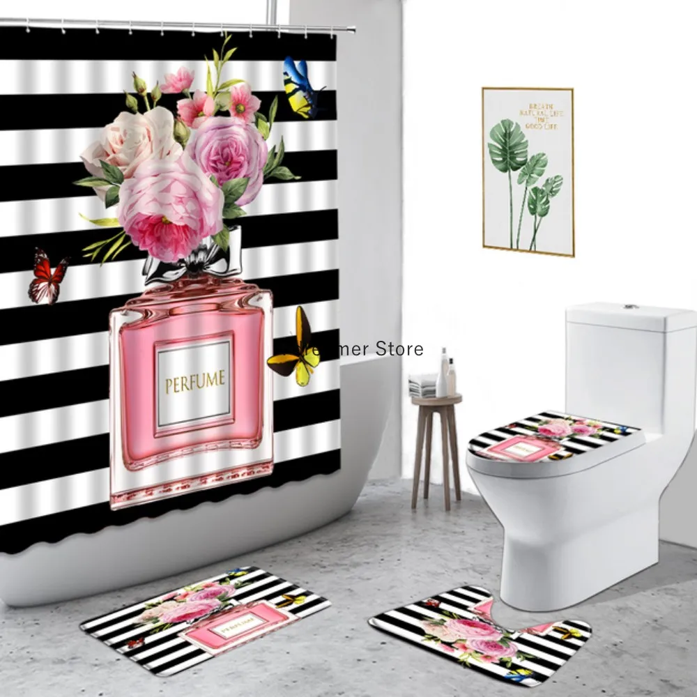 

Shower Curtain Anti-slip Carpet Toilet Cover Mat Cosmetic Perfume Flower 4pcs Set Women's Product Hook Decor Bathroom Waterproof