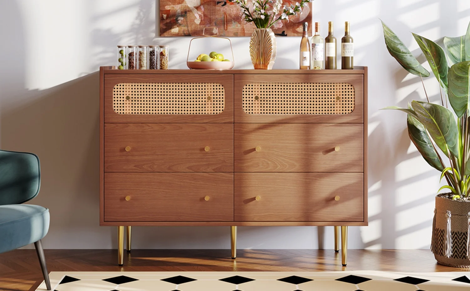 Rattan Sideboard Highboard Walnut Tree H90/B120/T40 cm Chest of Drawers with 6 Drawers Wooden Furniture for Bedroom Living Room