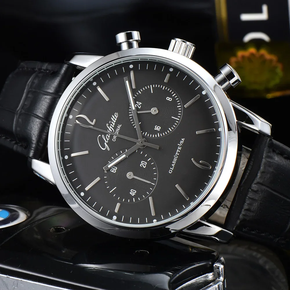 

Glashutte Original Silver Quartz Watch Men Black Creative Luxury Brand Decorative Dial Sport Men Watch Military Strap Clock