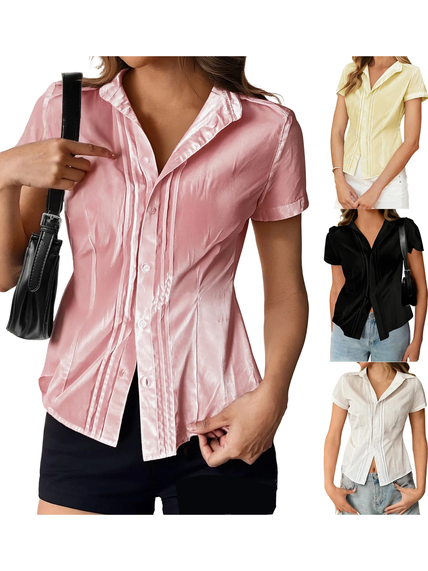 Women s Stylish Oversized Lapel Blouses for Summer - Trendy Solid Color Short Sleeve Shirts with a Casual Fit