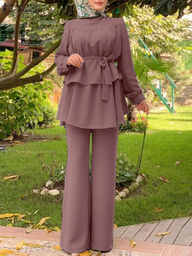 

ZANZEA Autumn Blouse Suit Muslim 2PCS Women Long Sleeve Shirt Causal Pants Set Eid Mubarek Abaya Isamic Clothing Turkey Outfits