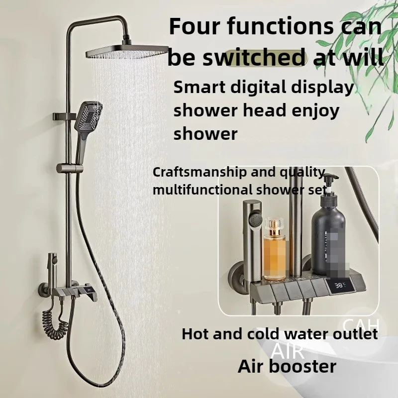 Aircraft Carrier Alloy Shower Shower Set Household Bathroom Piano Button Pressurized Nozzle Shower Set with Digital Display 2