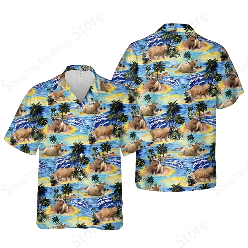 

Animal Capybara Print Hawaii Shirt Men Women Fashion Button Up Lapel Shirts Vintage Beach Cuba blouse Men's Clothing Vocation