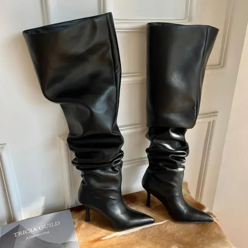 

Oversized Barrel Circumference High-heeled Boots Girl Pointed Toe Knee High Wide Boots Women Shoes Solid Long Stacked Boots