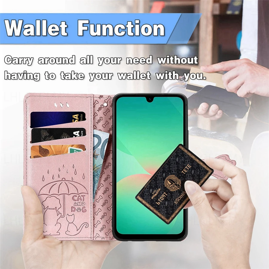 Leather Wallet Flip Case with Cat and Dog Motif Cover