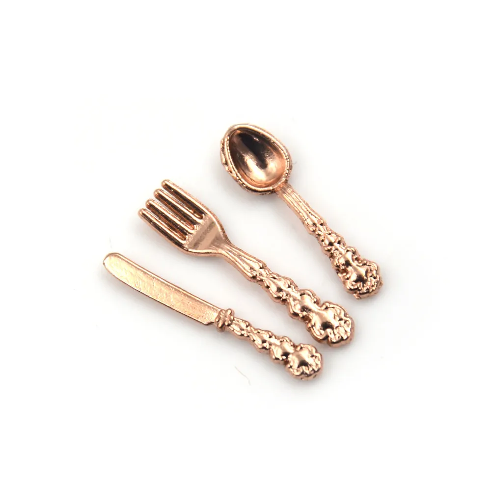 Dollhouse Furniture Set Doll House Toys Pretend Kitchen Toys Kitchen Toys 12Pcs 1:12 Mini Vintage Dollhouse Miniatures Tableware Cutlery Metal Knife Fork Spoon Kitchen Food Furniture Toys Gold Silver