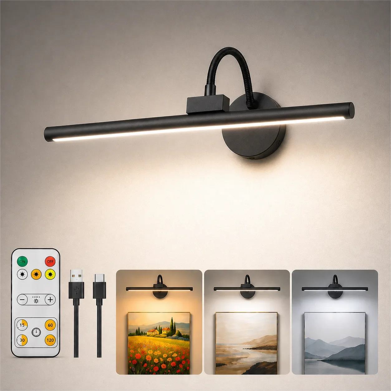 LED Wireless Picture Light with Remote Control, 360° Adjustable Magnetic Wall Lamp, Rechargeable USB, 3 Color Dimmable Lighting