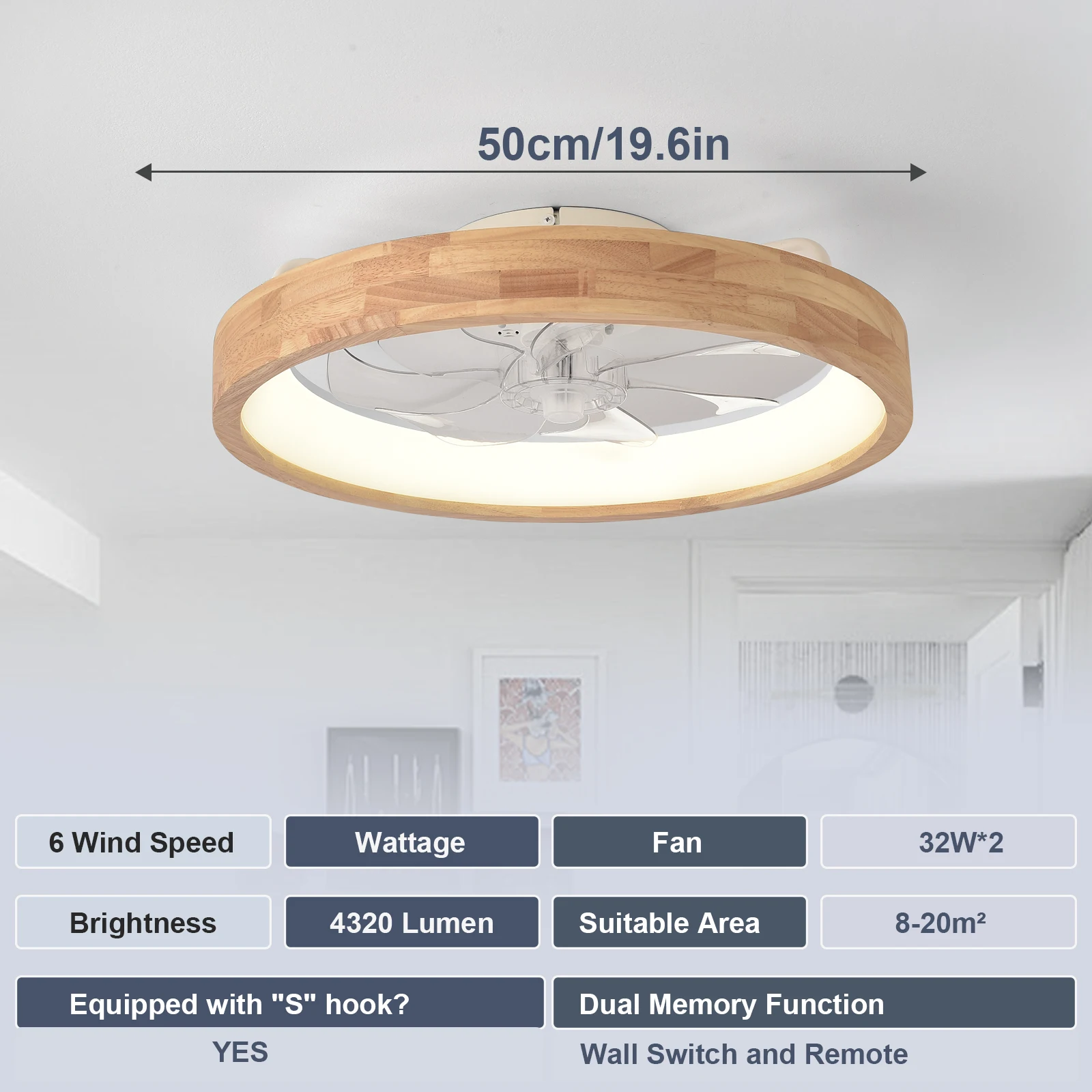 APP and Remote Control Dual Intelligent Control DC 6 speed Regulation Frequency Conversion Ceiling Fan Light 19.6 in