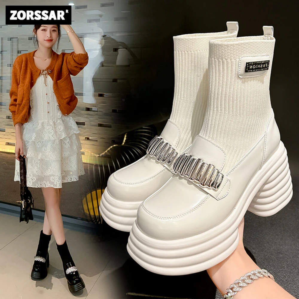 

2023 Autumn Winter Couple Shoes Women Thick-Soled Casual Large Size White Knitted Short Boots Fashion Women Boots Size 32-40