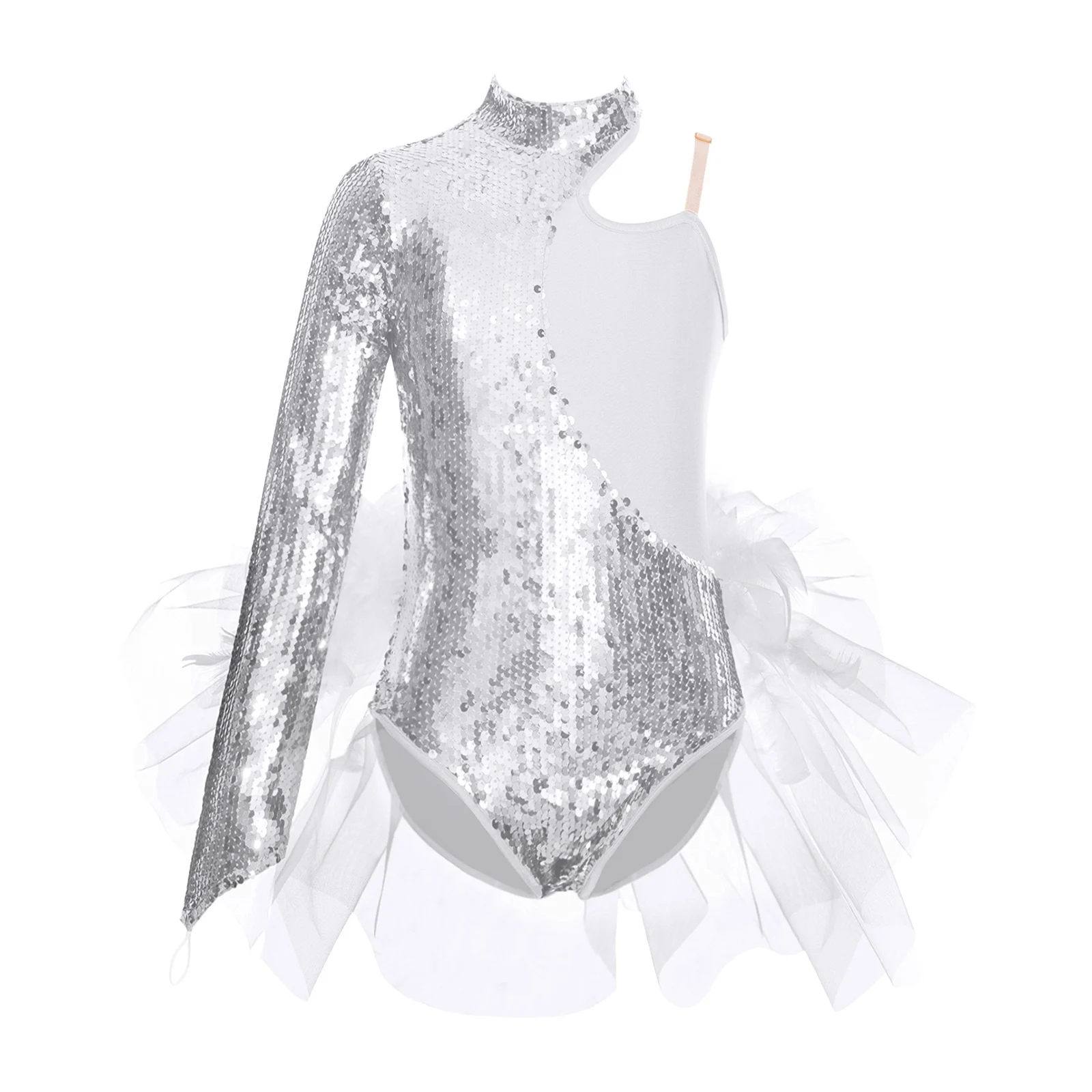 thumbnail image 1 of Traje de leotardo con falda de tul y plumas de lentejuelas brillantes para niñas, traje de manga larga con cuello simulado, traje de actuación de baile, 1 of 5