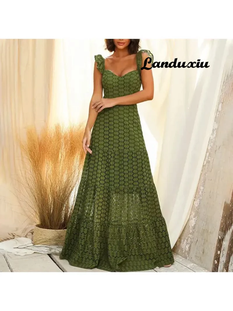 

Fashion Sexy Halter Print Pleated Long Dress Women Sweet Straight Collar Neck Beach Cover-Ups Robe Summer Sleeveless Casual Boho