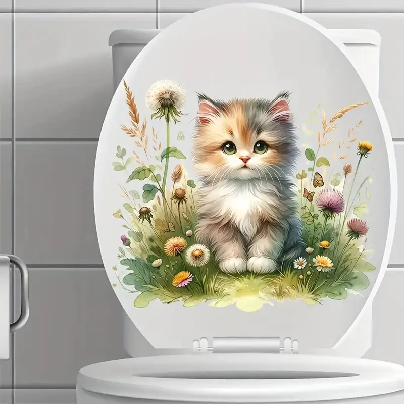 Toilet Stickers Kitten in the Flowers Decoration Living Room Bedroom Home Decor Flowers Wall Decals Self-Adhesive