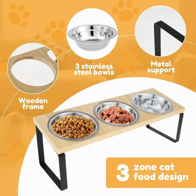 Elevated Cat Bowls - Set of 2/3 stainless steel Pet Food Bowls with Wooden & Metal Stand - 15 degree tilt Cat accessories 2