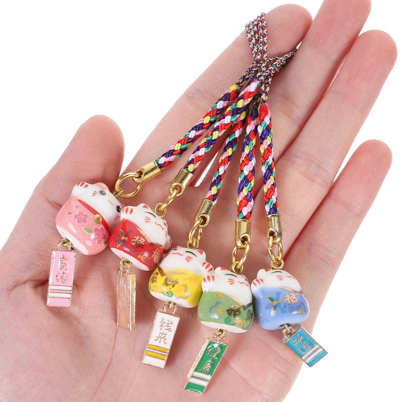 5pcs Pendant Cell Phone Pendant Maneki Neko Keyring Porcelain Cat Bags Figurine Pendant Car Wealth Fortune Kawaii Pendant